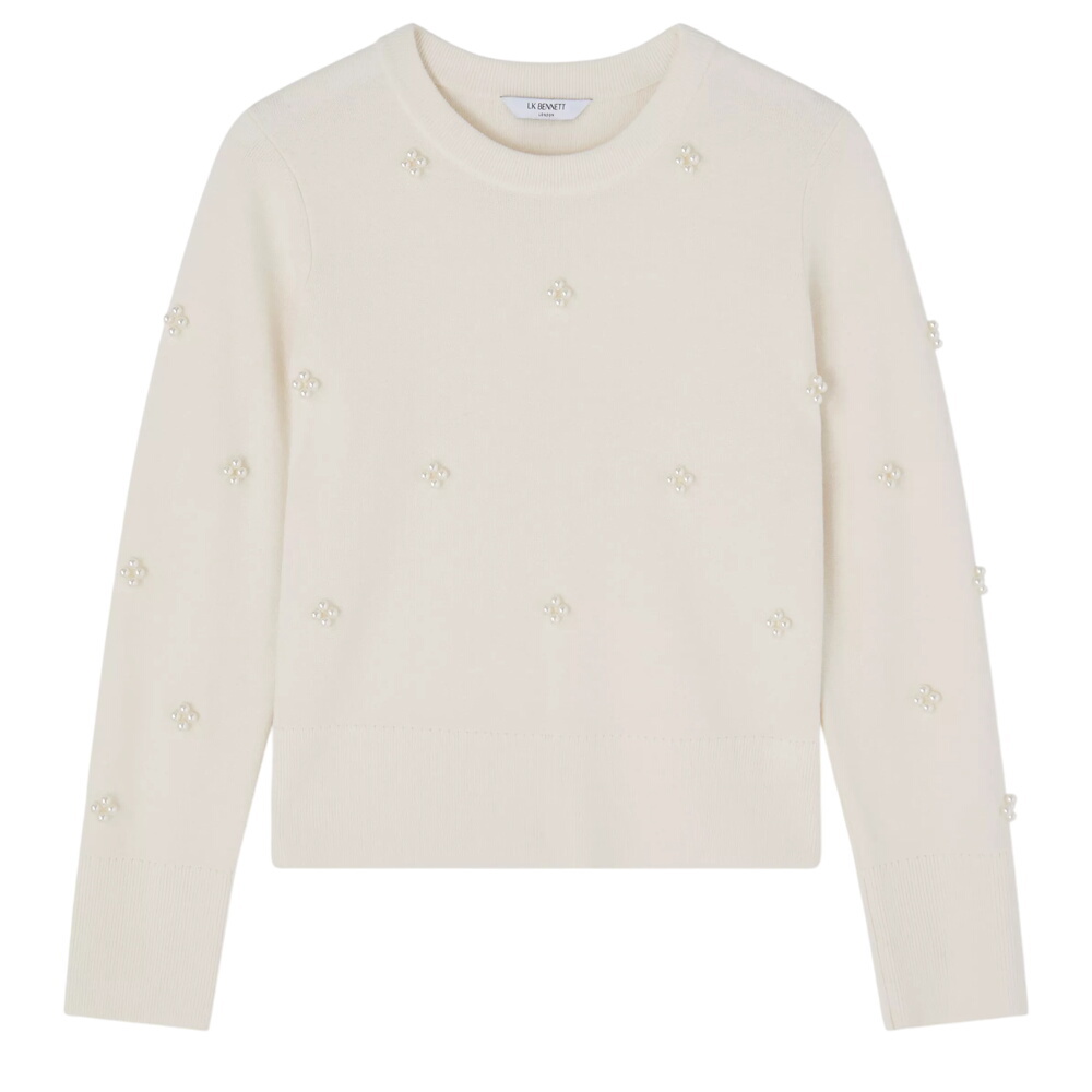 L.K. Bennett Buttercup Ivory Pearl Beaded Milano Sweater